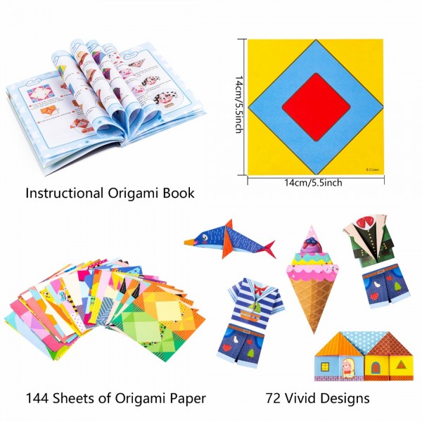 GEAoffice Origami Paper for Kids, Kids Origami Kit Double Sided 152 Sheets Color Origami Paper Kit with 72 Projects