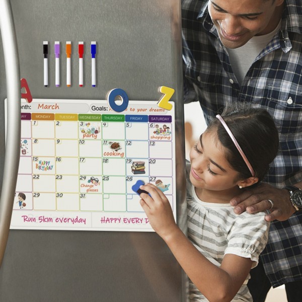 GEAoffice Dry Erase Magnetic Calendar for Refrigerator, White Board Monthly Magetic Calendar includes 5 Markers and 1 Eraser