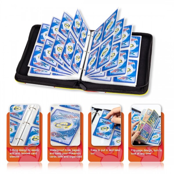 4-Pocket Binder for Pokemon Cards with 50 Removable Sheets Holds 400 Cards, Card Book Collector Album Folder for Yugioh, MTG, TCG, Trading Card Holder with Zipper-Toys Gifts for Boys Girls, Yellow+Red