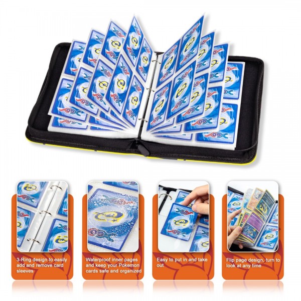 4-Pocket Binder for Pokemon Cards with 50 Removable Sheets Holds 400 Cards, Card Book Collector Album Folder for Yugioh, MTG, TCG, Trading Card Holder with Zipper-Toys Gifts for Boys Girls, Yellow+Black