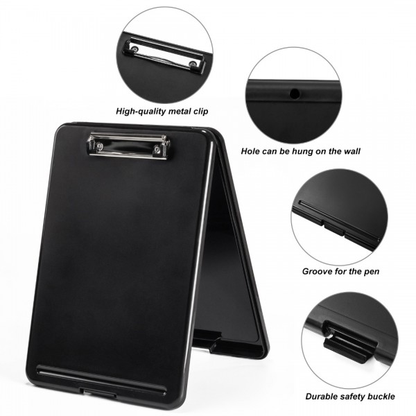 Clipboard with Storage Black, Plastic Storage Clipboards with Low Profile Clip, Heavy Duty Nursing Clipboard Holds 150 Letter Size Sheets, Coach Clipboard for Work Smooth Writing