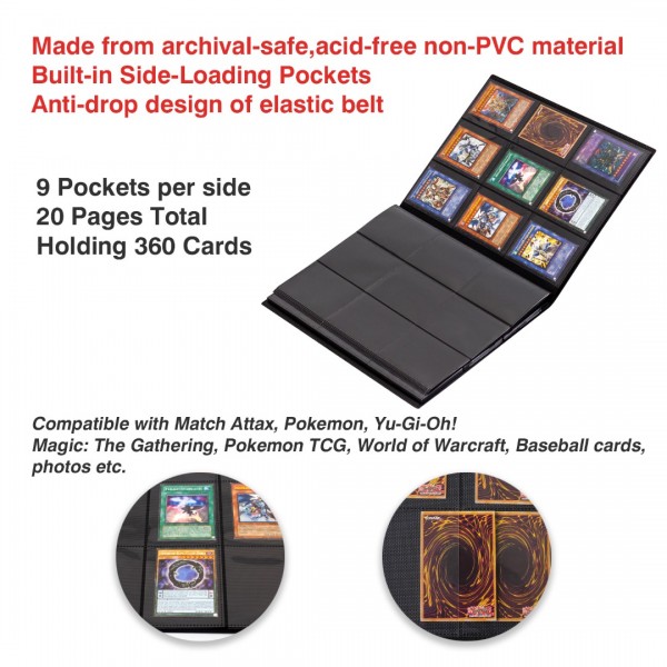 GEAoffice Card Binder, 9 Pockets Trading Card Album Folder , 360 Side Loading Pocket Binder for Yugioh, MTG and Other TCG, Black