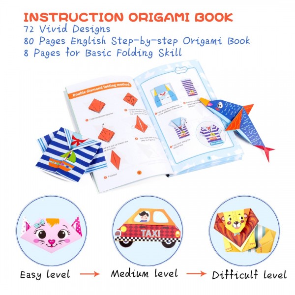 GEAoffice Origami Paper for Kids, Kids Origami Kit Double Sided 152 Sheets Color Origami Paper Kit with 72 Projects
