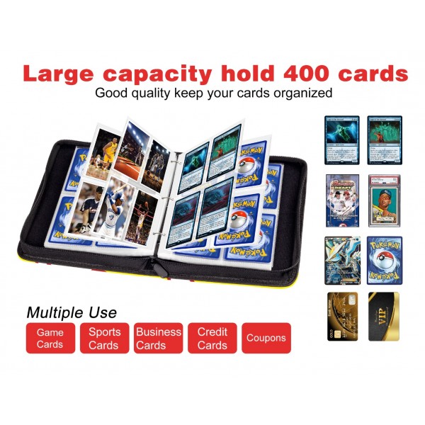 4-Pocket Binder for Pokemon Cards with 50 Removable Sheets Holds 400 Cards, Card Book Collector Album Folder for Yugioh, MTG, TCG, Trading Card Holder with Zipper-Toys Gifts for Boys Girls, Yellow+Red