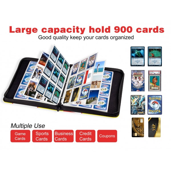 9-Pocket Binder for Pokemon Cards with 50 Removable Sheets Holds 900 Cards, Card Book Collector Album Folder for Yugioh, MTG, TCG, Trading Card Holder with Zipper-Toys Gifts for Boys Girls, Yellow+red