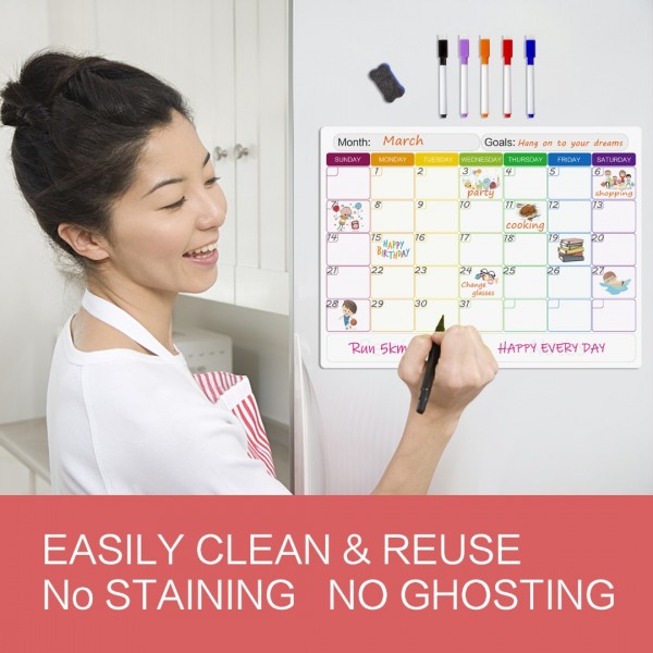 GEAoffice Dry Erase Magnetic Calendar for Refrigerator, White Board Monthly Magetic Calendar includes 5 Markers and 1 Eraser