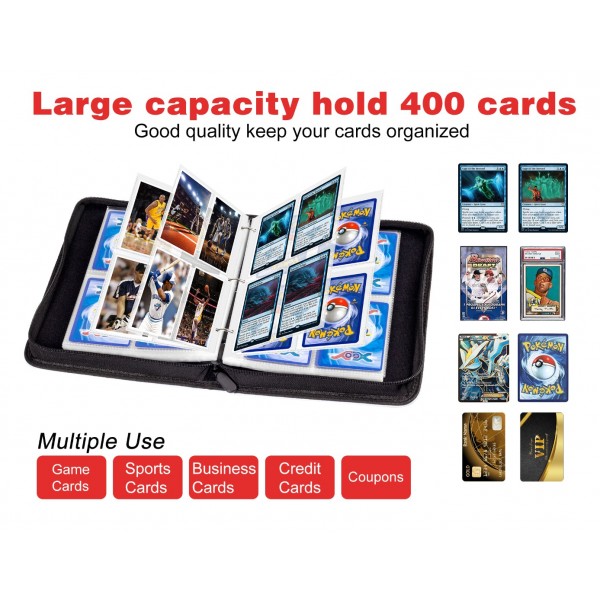 4-Pocket Binder for Pokemon Cards with 50 Removable Sheets Holds Up To 400 Cards, Baseball Card Collector Album Folder for Yugioh, MTG, TCG, Trading Card Binder with Zipper-Toys Gifts for Boys Girls, Red 