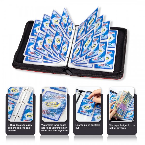 4-Pocket Binder for Pokemon Cards with 50 Removable Sheets Holds Up To 400 Cards, Baseball Card Collector Album Folder for Yugioh, MTG, TCG, Trading Card Binder with Zipper-Toys Gifts for Boys Girls, Black