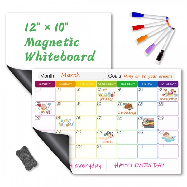 Magnetic Dry Erase Calendar, GEAoffice 17" x 12" Refrigerator Calendar & 12" x 10" Magnetic Whiteboard for Fridge, Including 5 Markers and 1 Eraser, Kitchen Schedule Calendar, Planning Boards 