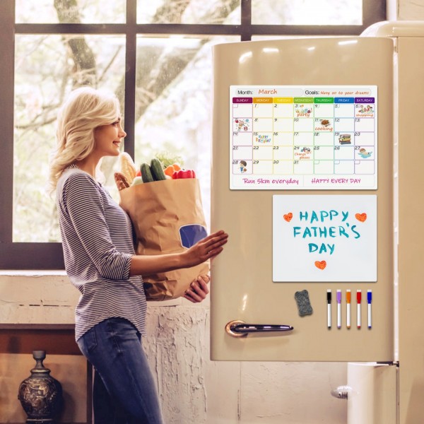Magnetic Dry Erase Calendar, GEAoffice 17" x 12" Refrigerator Calendar & 12" x 10" Magnetic Whiteboard for Fridge, Including 5 Markers and 1 Eraser, Kitchen Schedule Calendar, Planning Boards 