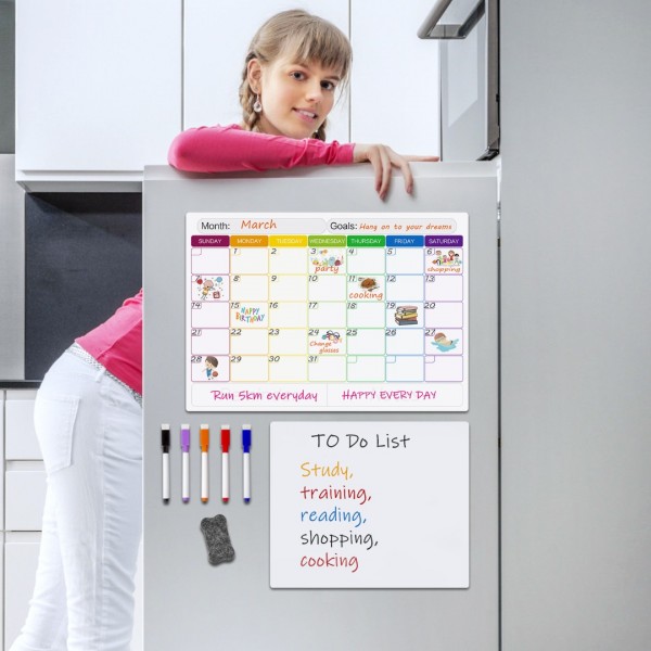 Magnetic Dry Erase Calendar, GEAoffice 17" x 12" Refrigerator Calendar & 12" x 10" Magnetic Whiteboard for Fridge, Including 5 Markers and 1 Eraser, Kitchen Schedule Calendar, Planning Boards 