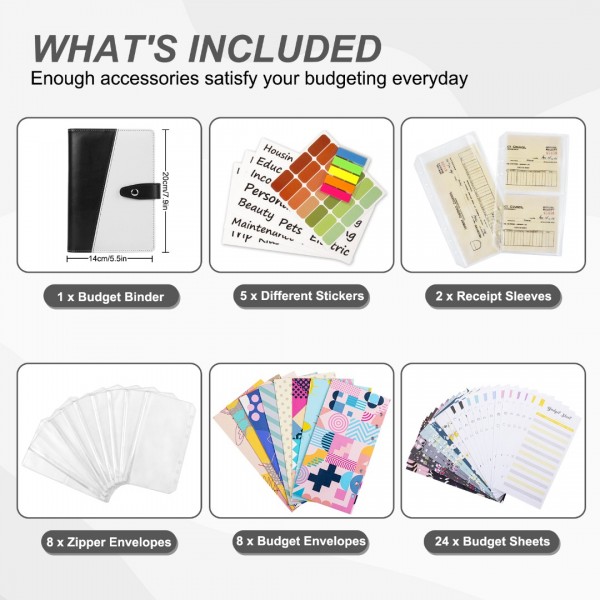 A6 Binder Budget Planner Organizer 6 Ring Binder Cover, with 8Pcs Cash Envelopes,10Pcs binder pockets, 24Pcs Budget Sheets & 38 Categories Sticker Labels, Money Saving Binder for Budgeting (Black) 