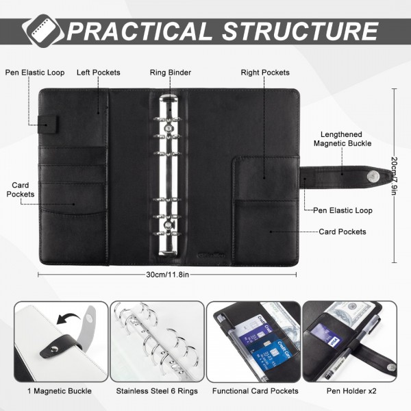 A6 Binder Budget Planner Organizer 6 Ring Binder Cover, with 8Pcs Cash Envelopes,10Pcs binder pockets, 24Pcs Budget Sheets & 38 Categories Sticker Labels, Money Saving Binder for Budgeting (Black) 