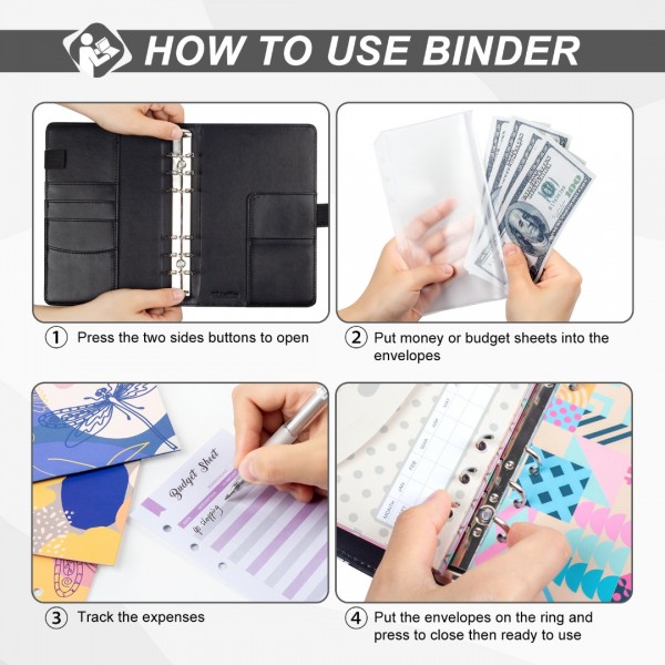 A6 Binder Budget Planner Organizer 6 Ring Binder Cover, with 8Pcs Cash Envelopes,10Pcs binder pockets, 24Pcs Budget Sheets & 38 Categories Sticker Labels, Money Saving Binder for Budgeting (Black) 