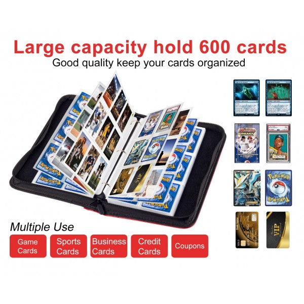 6-Pocket Binder for Pokemon Cards with 50 Removable Sheets Holds 600 Cards, Card Book Collector Album Folder for Yugioh, MTG, TCG, Trading Card Holder with Zipper-Toys Gifts for Boys Girls 
