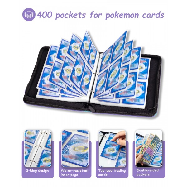 4-Pocket Card Binder for Trading Cards with 50 Removable Sleeves Holds 400 Cards, Card Book Collector Album Folder for Yugioh, MTG, TCG, Trading Card Holder with Zipper- Boy Girl Toy Gift, Purple
