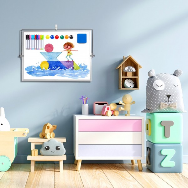 Dry Erase White Board for Kids- Desktop Whiteboard 16" X 12" with Stand, 10 Markers, 6 Magnets, 1 Eraser, Portable Double-Sided White Boards Easel for Drawing Memo to-Do List Desk Wall School