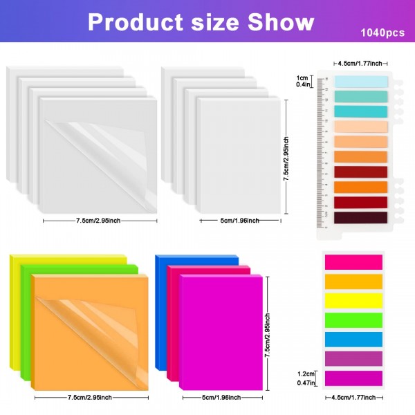 1040pcs Transparent Sticky Notes Pads Set with 3 Markers & Sticky Index Tabs, Clear Sticky Note for Books Annotation Message Reminder, Waterproof Self-Adhesive Translucent Sticky Notes Bulk, 16 Packs
