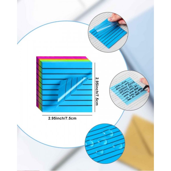 GEAoffice 400 Sheets Lined Transparent Sticky Notes Bright Color, GEAoffice 7 Pads Colored Clear Sticky Notes 3x3 Inch with Lines, Translucent Multi Color Tabs for School Office Supplies……