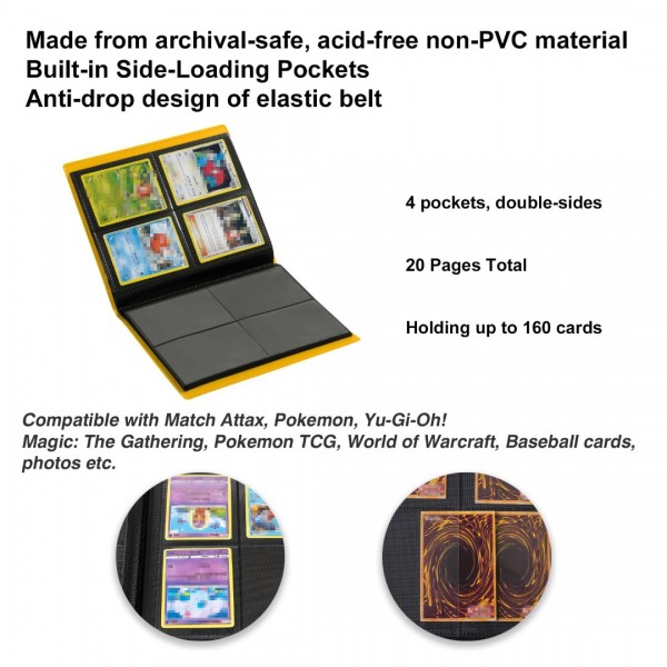 GEAoffice Card Binder - 4 Pocket Trading Card Collection Album Folder - 160 Side Loading Pocket Binder for TCG, MTG, Yugioh - Gifts for Card Collectors (Yellow)…