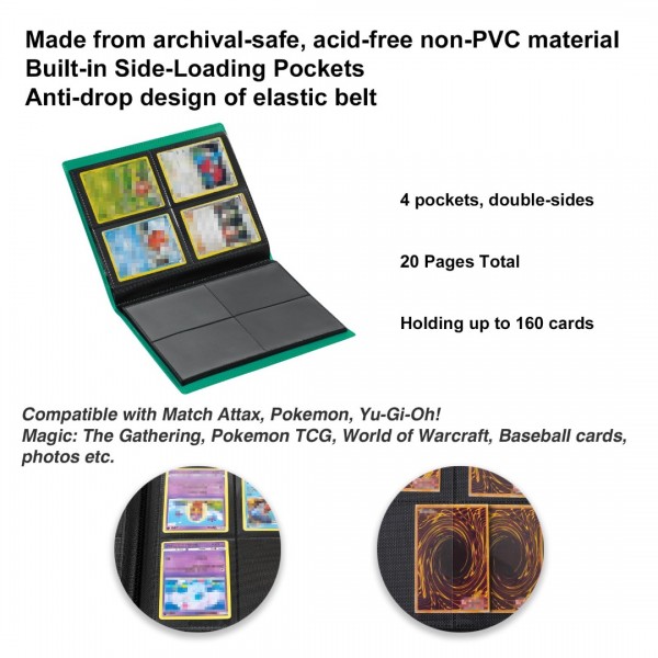 Card Binder 4 Pocket- GEAoffice 4 Pocket Trading Card Collection Album Folder - 160 Side Loading Pocket Binder for TCG, MTG, Yugioh - Gifts for Card Collector (Green)…