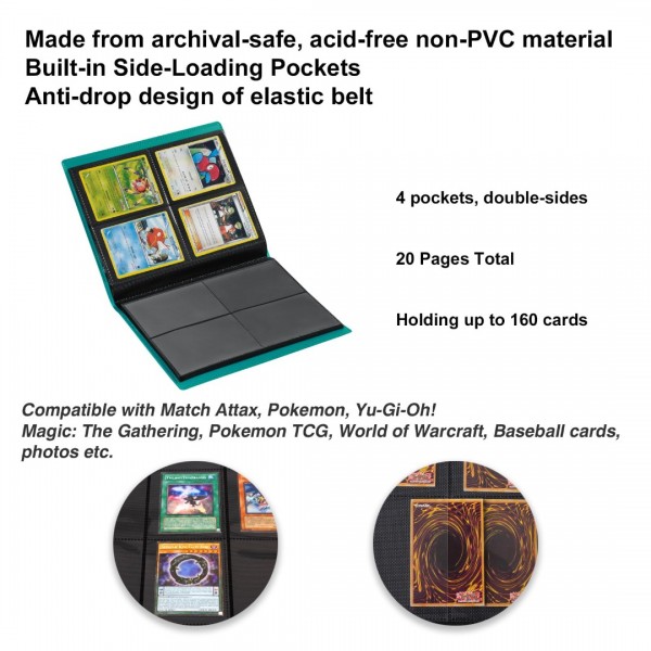 GEAoffice Card Binder - 4 Pocket Trading Card Album Folder - 160 Side Loading Pockets Binder for TCG, MTG, Yugioh - Gifts for Card Collection (Peacock blue)…