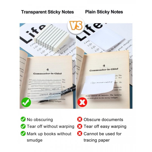 GEAoffice 400 Sheets Lined Transparent Sticky Notes 3x3 Inch, GEAoffice 7 Pads Clear Sticky Notes with Lines, See Through Translucent Sticky Notes Tabs for Aesthetic School Office Supplies……