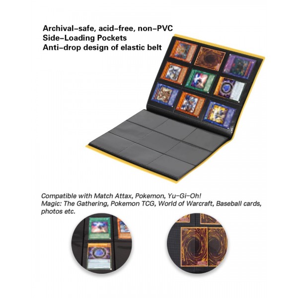 GEAoffice Card Binder, 9 Pockets Trading Card Album Folder, 360 Side Loading Pocket Binder for Yugioh, MTG and Other TCG, Yellow…