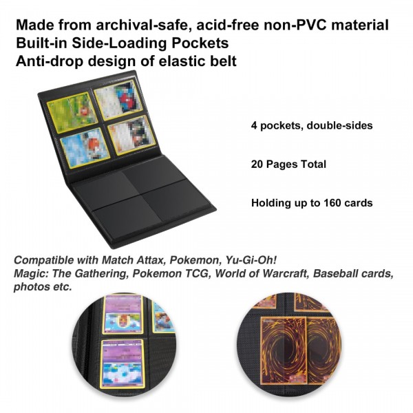GEAoffice Card Binder - 4 Pocket Trading Card Collection Album Folder - 160 Side Loading Pocket Binder for TCG, MTG, Yugioh - Gifts for Card Collectors (All Black)…